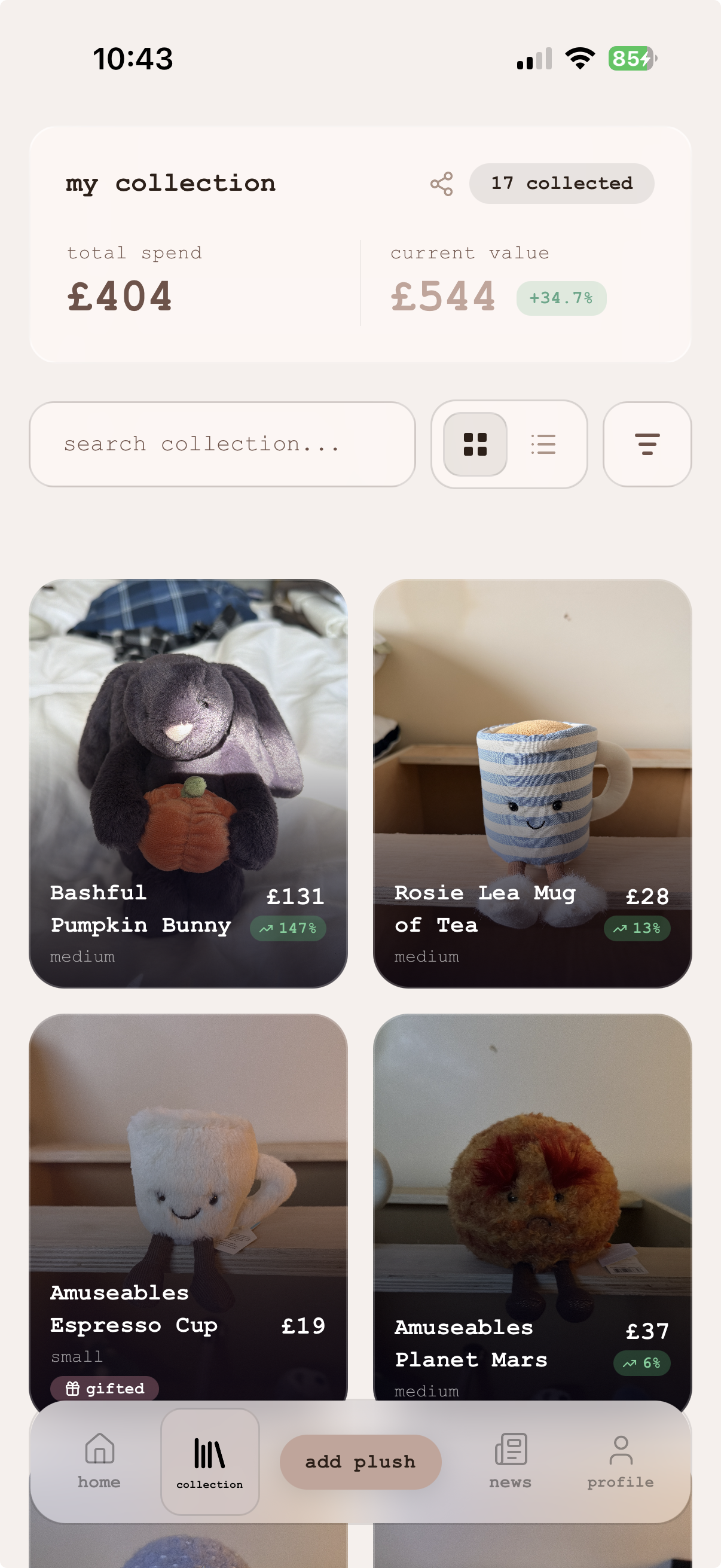 Plushfolio collection screen